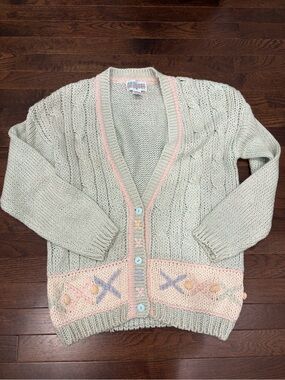 Vintage 80s 90s Croquet Club Mint Green Cable Knit Cardigan Sweater M Grandma